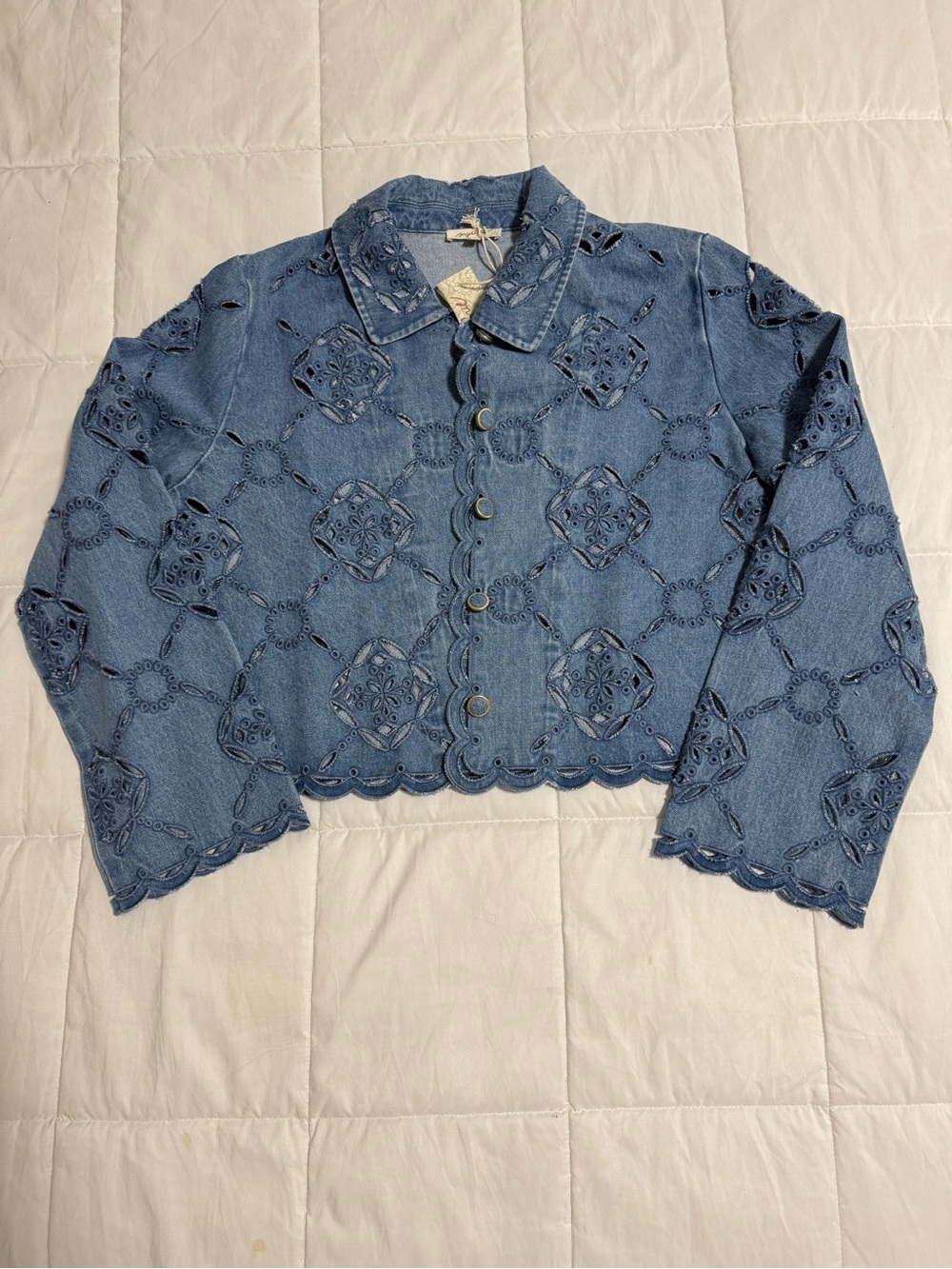 Mystree Blue Eyelet Cropped Denim Jacket 100% Cotton